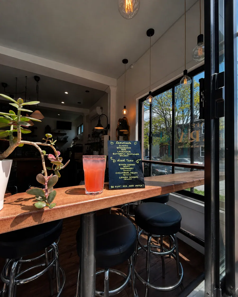 Sunlight falling across the window counter and café stools at CAFÉ LARA
