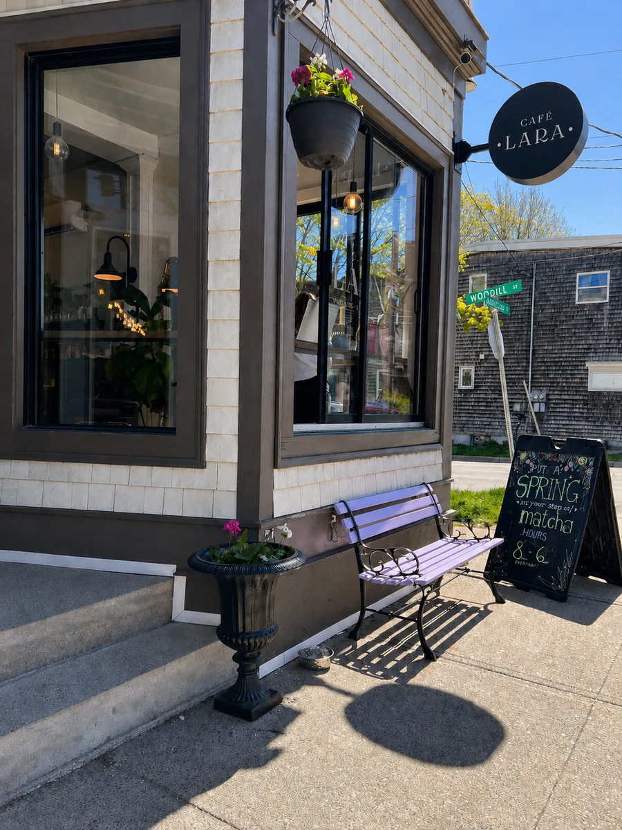 CAFÉ LARA hanging sign above the entrance and outdoor bench