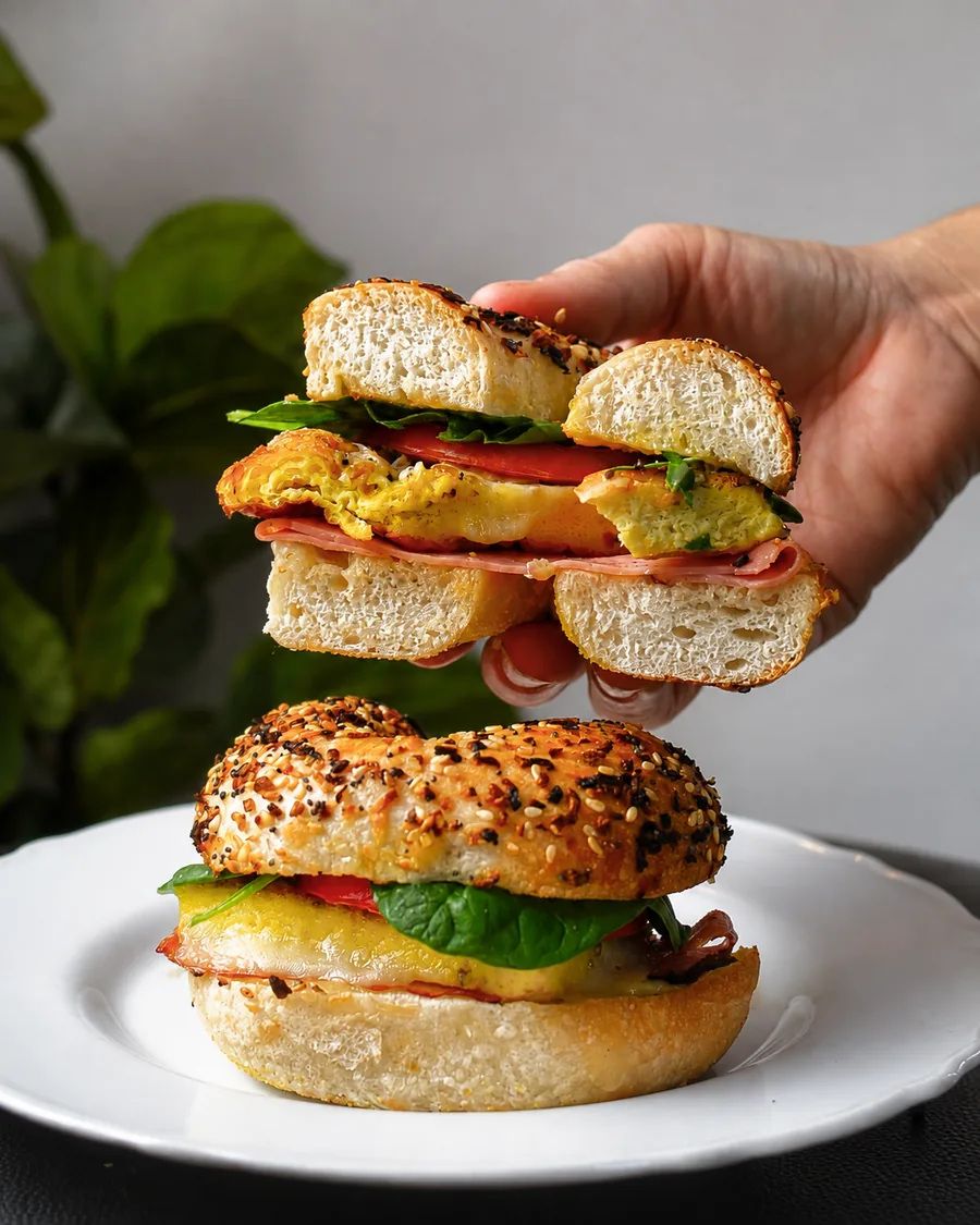 A filled breakfast bagel and a hand holding its cut half