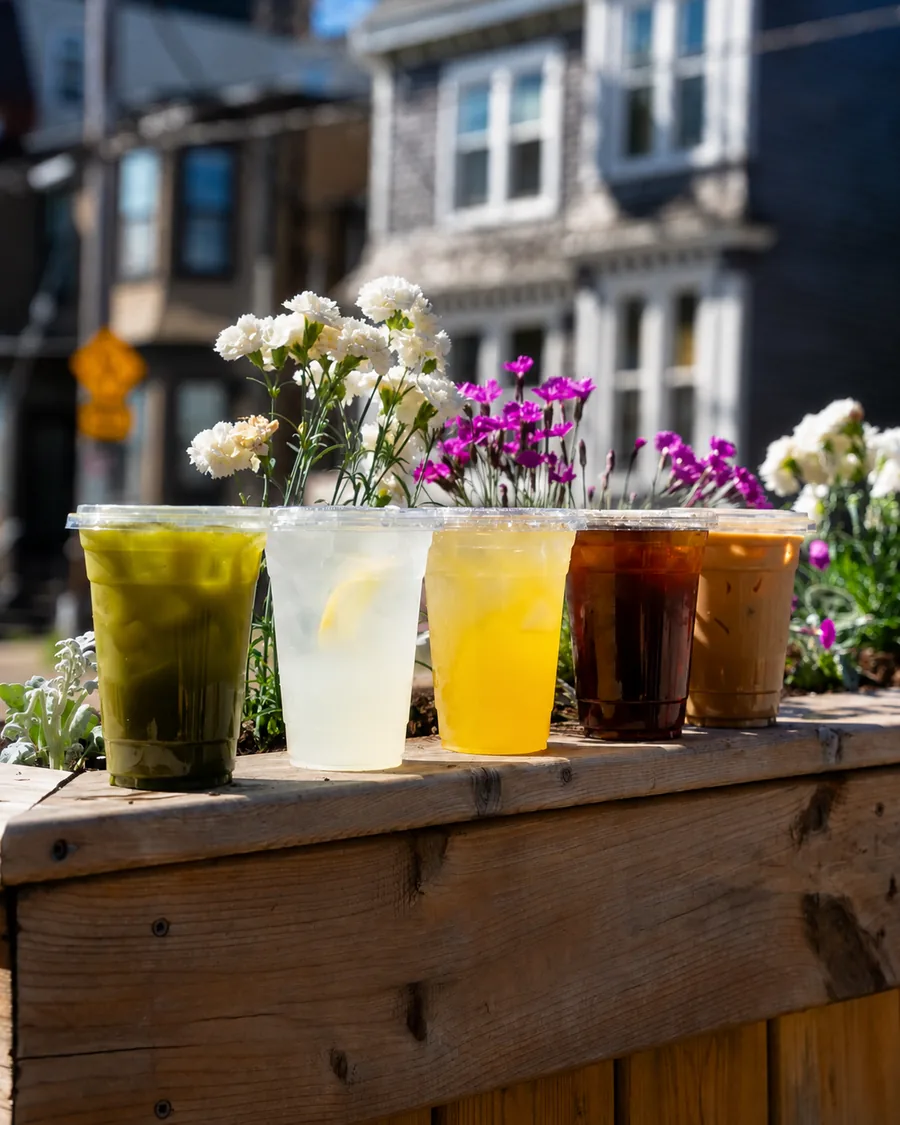 Colourful cold drinks and flowers on the outdoor wooden ledge