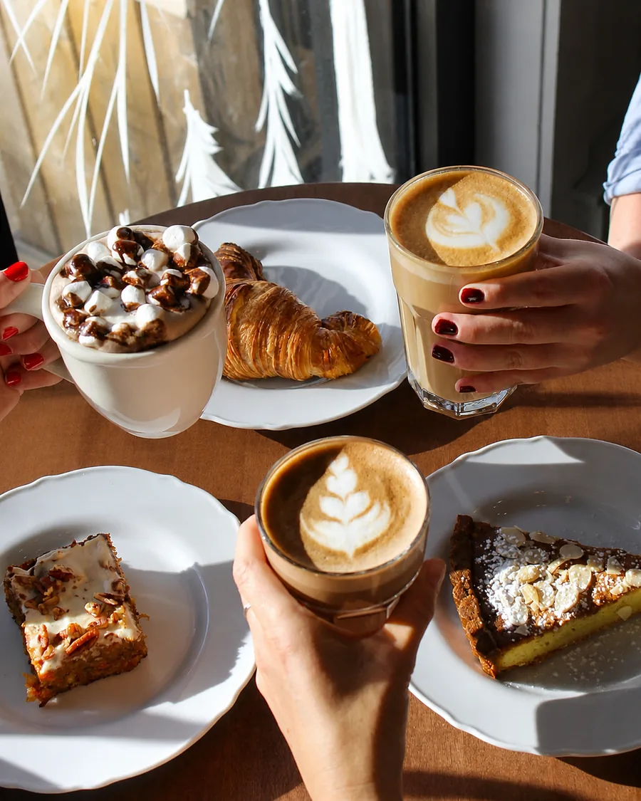 Pastry, cake and cups of coffee on a table beside the café window