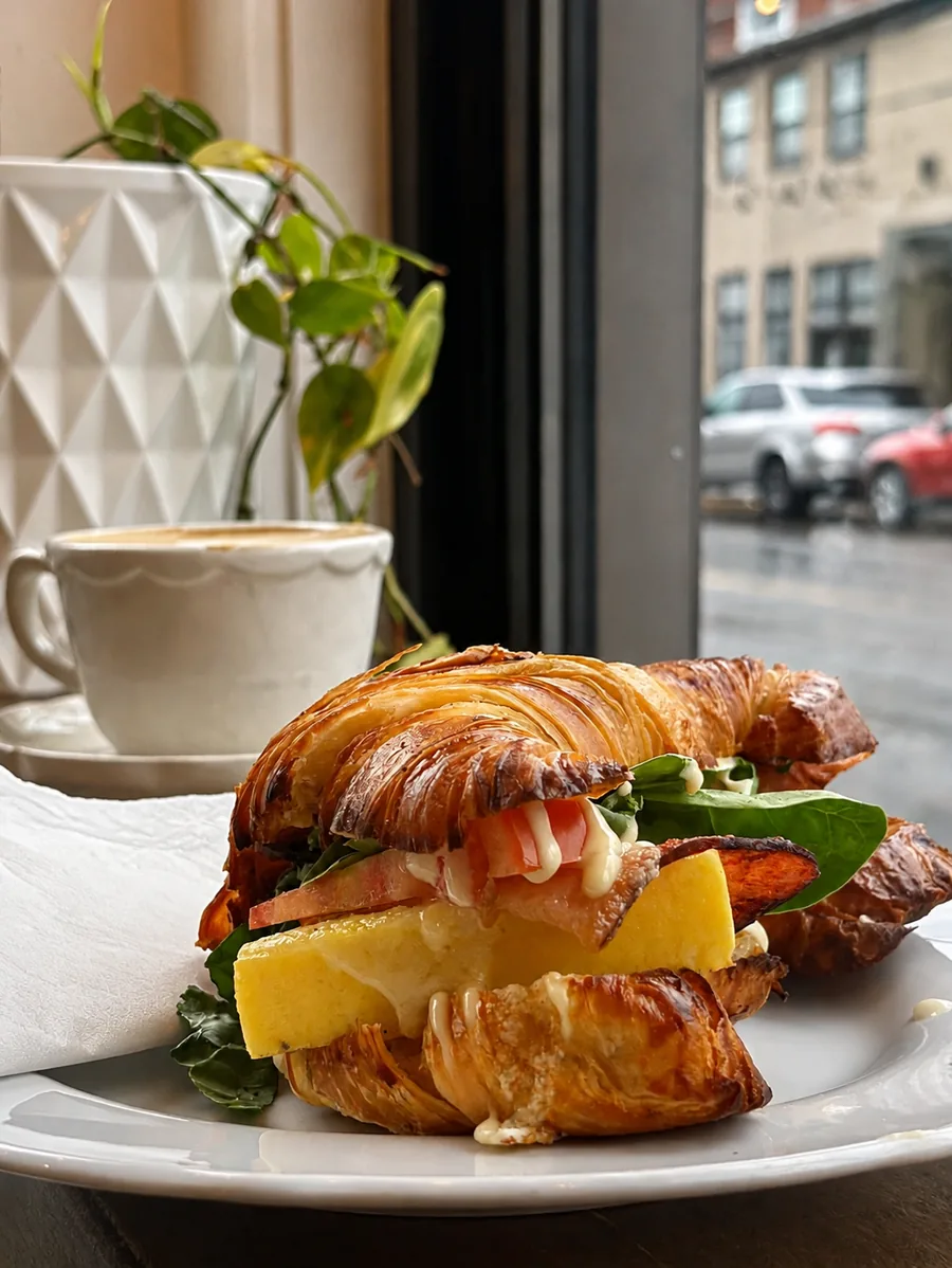 A filled croissant with a cup of coffee by the window